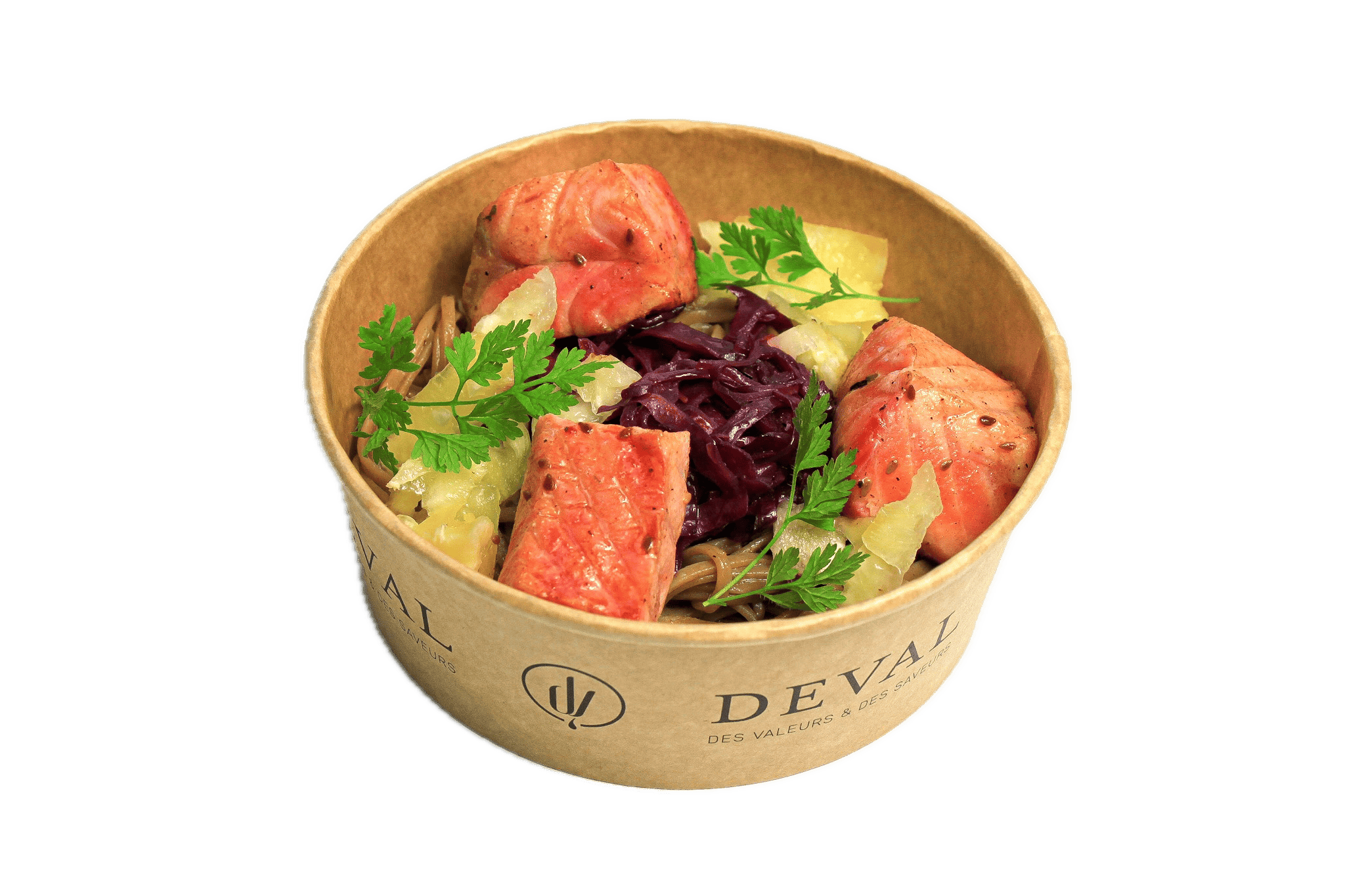Bowl Ananas Saumon Nouille Soba Et Chou Rouge  Avec Arrie Re Plan Supprime
